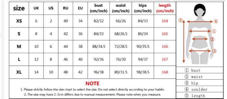Size chart for a black and silver sequined mermaid evening dress displaying bust waist hip and length measurements across sizes xs to xl with corresponding UK US RU and EU sizing for a mermaid evening dress.