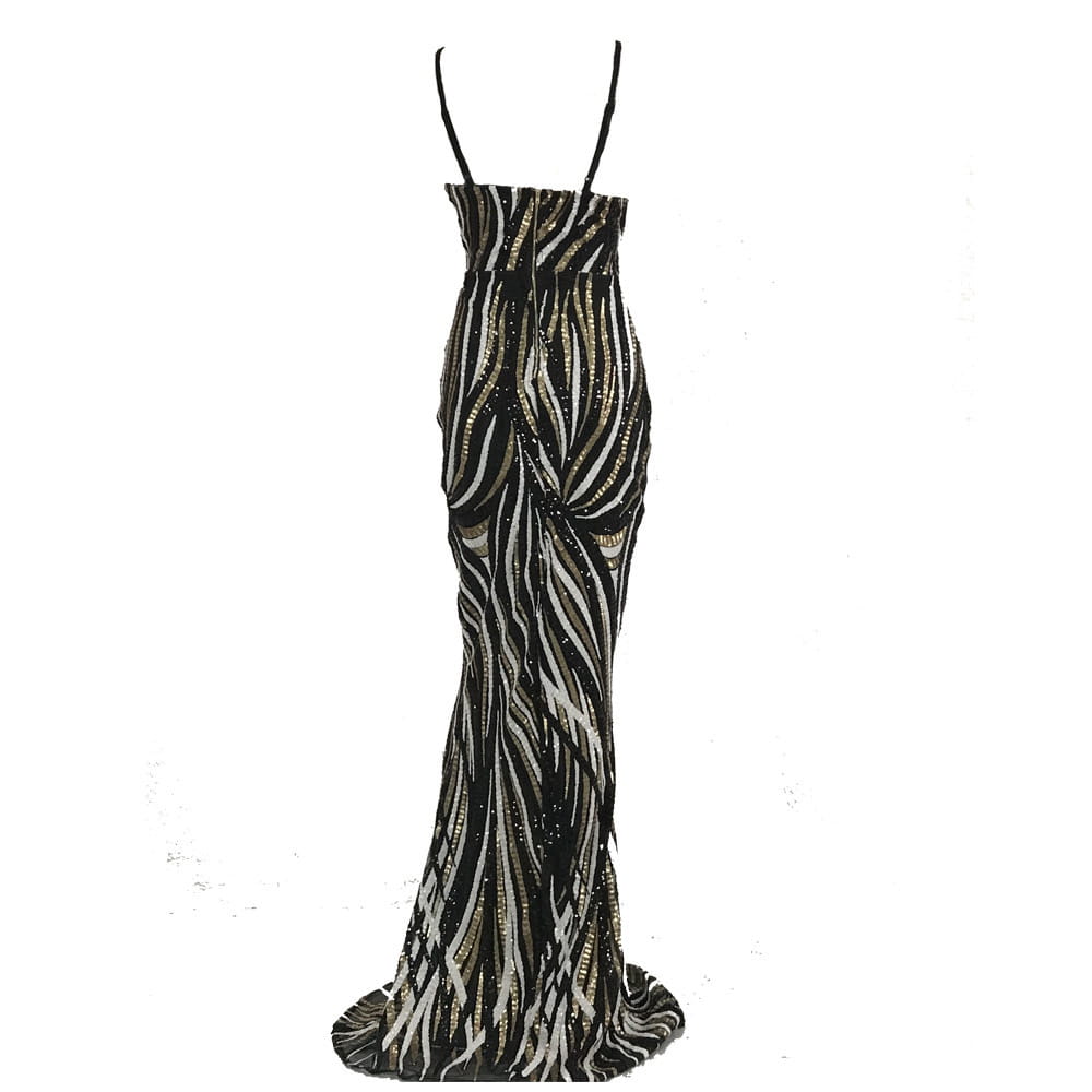 black and silver sequined mermaid evening dress with thin spaghetti straps designed as an elegant mermaid evening dress for formal occasions