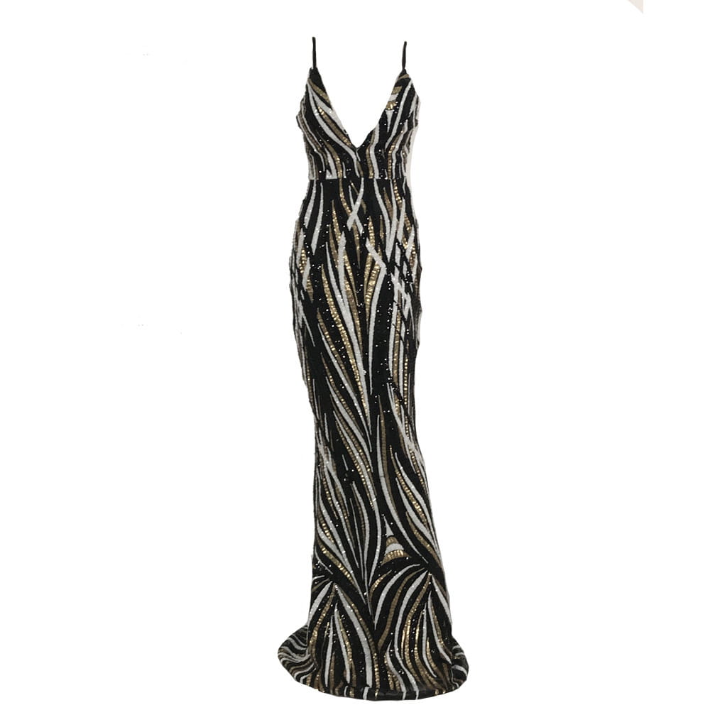 black and silver sequined mermaid evening dress with thin spaghetti straps ideal for formal events and special occasions