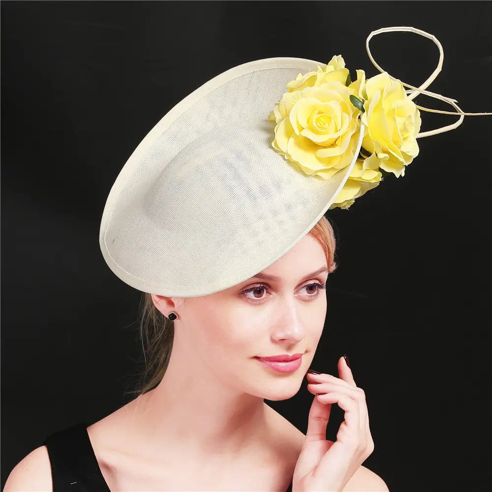 Elegant off-white headdress bride beige hat imitation linen featuring vibrant yellow artificial roses and a delicate wire loop accent.
