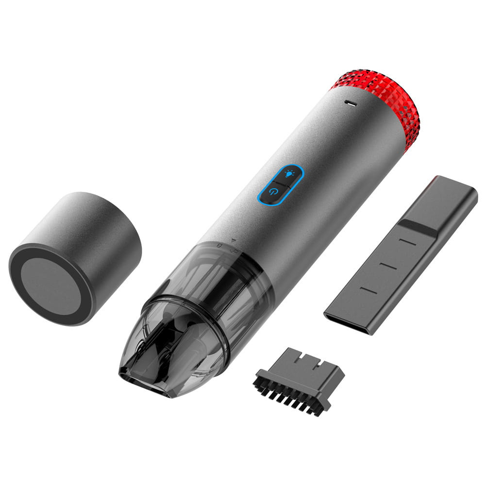 gray v6 portable wireless car vacuum cleaner with led lamp featuring a red textured cap, blue power button, and transparent dust collection chamber for efficient car vacuum cleaning.