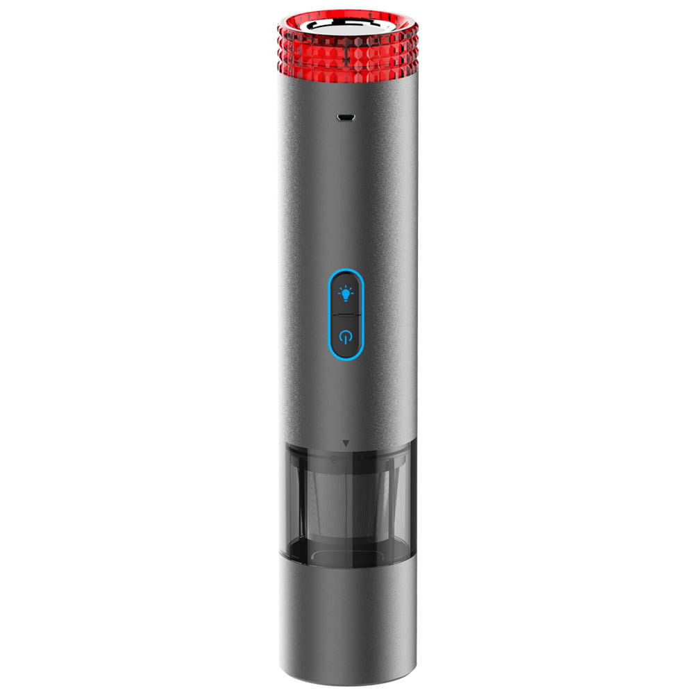 sleek black car vacuum cleaner with a red textured top and blue illuminated control buttons designed as a v6 portable wireless vacuum cleaner with led lamp