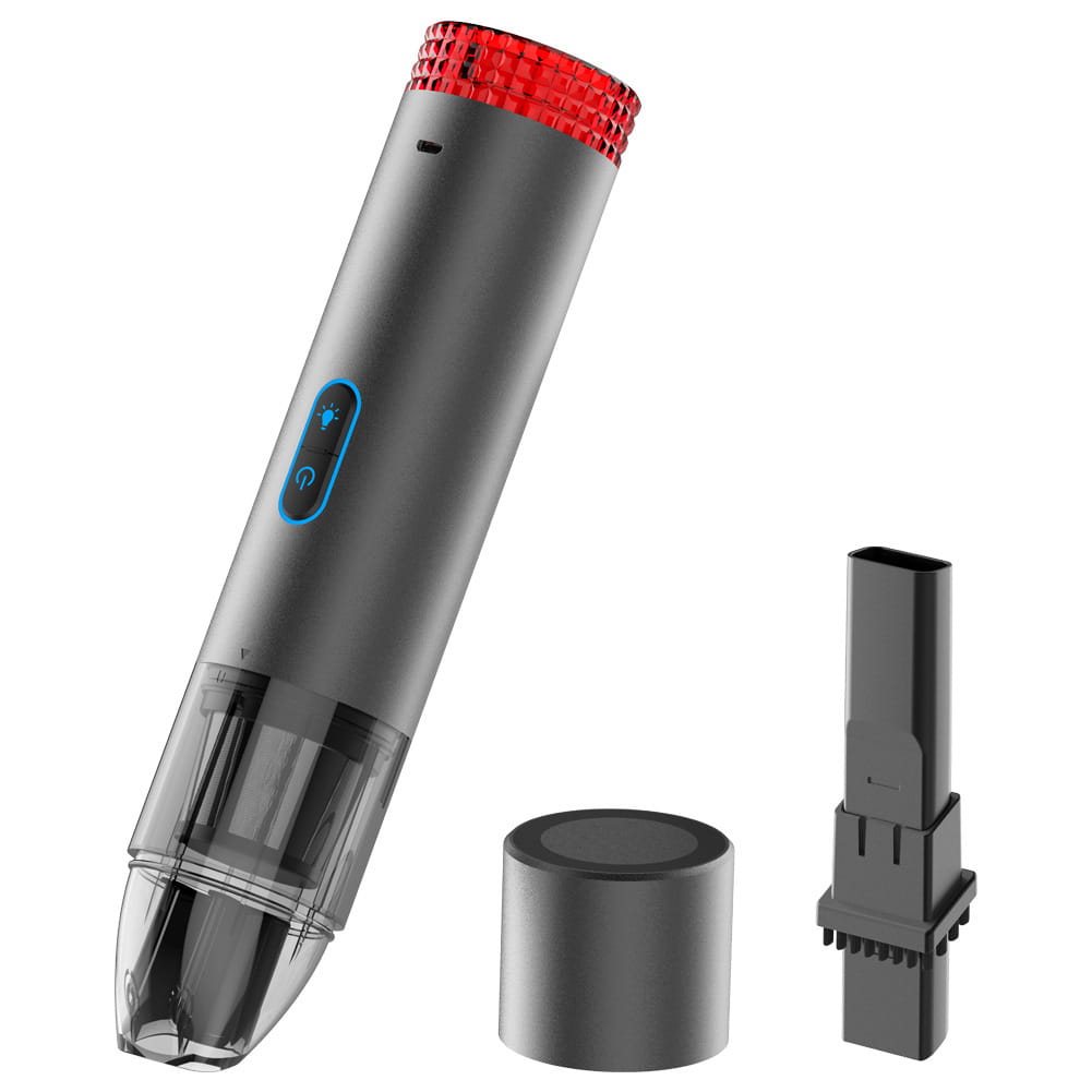 gray v6 portable wireless car vacuum cleaner with led lamp featuring a red textured top, blue power button, and transparent dust collection chamber for efficient car vacuum use.