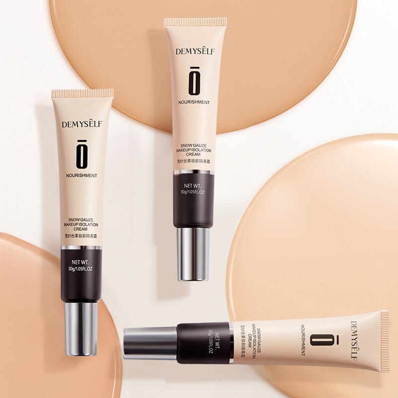 beige and black tube of demyself snow gauze makeup isolation cream with silver cap for facial whitening skin and oil control as a face makeup primer