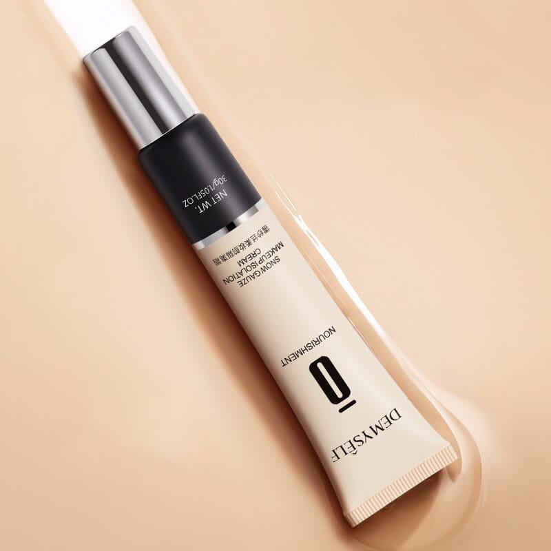 beige tube of demiself snow gauze makeup foundation cream with black and silver cap shown as whitening face makeup primer oil control cream for facial whitening skin and face makeup primer use.