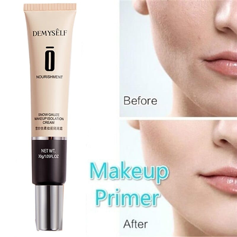Beige and black tube of Demyself nourishment snow gauze makeup isolation cream with silver cap designed as whitening face makeup primer for facial whitening skin and oil control.
