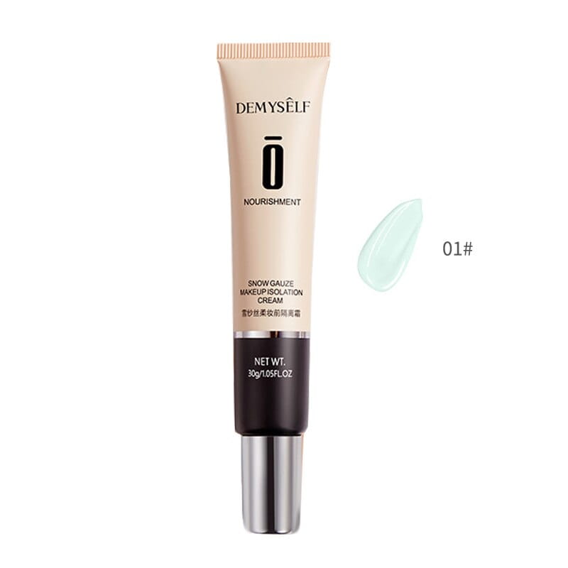 beige and black tube of demyself nourishment snow gauze makeup primer with silver cap for facial whitening skin and oil control in face makeup primer cream form.