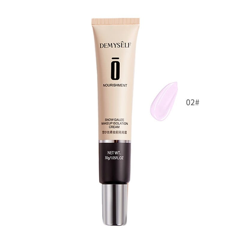 beige and black tube of demyself nourishment snow gauze makeup isolation cream shade 02 with silver cap for facial whitening skin as a face makeup primer and oil control cream