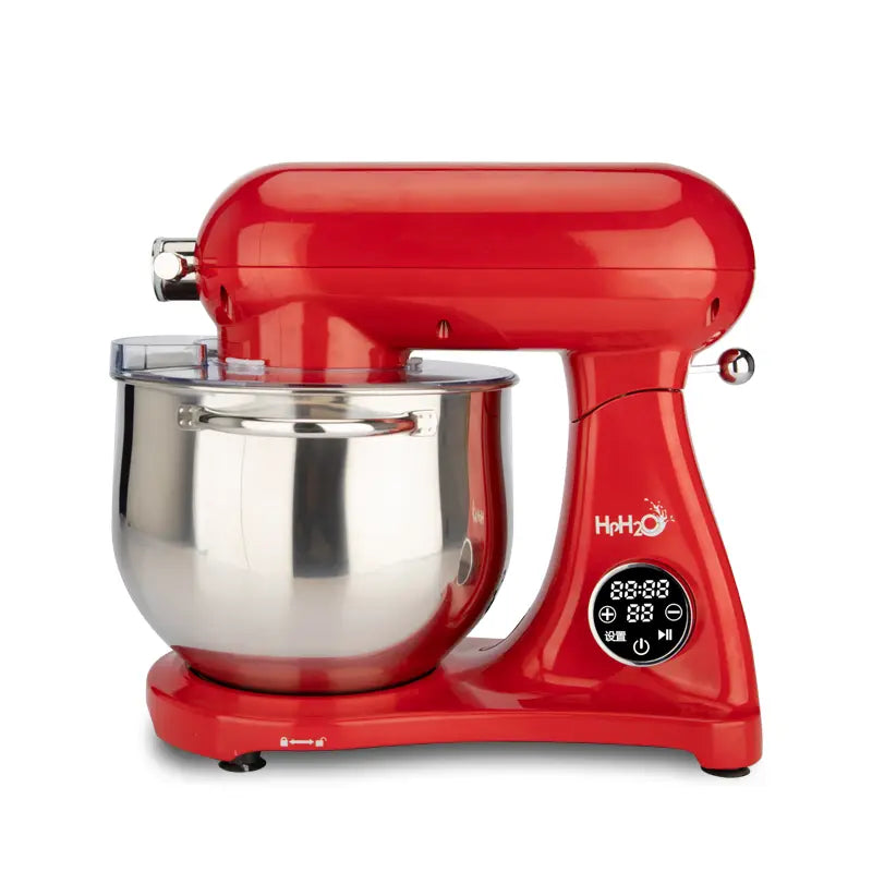 red fully automatic home cook machine stand mixer in red with a stainless steel bowl and digital control panel for automatic home cook use