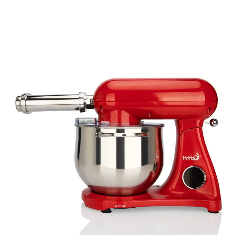 red hh2o fully automatic home cook machine stand mixer with stainless steel bowl and attached pasta maker attachment for automatic home cooking tasks