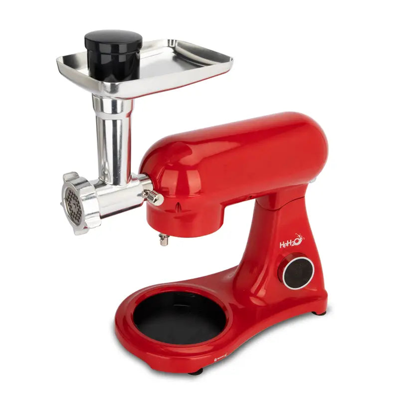 Red fully automatic home cook machine stand mixer in red with a stainless steel meat grinder attachment for versatile automatic home cook use