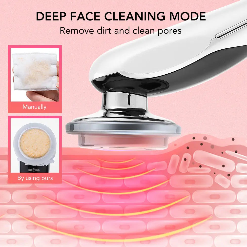 White and black facial massager EMS device with a chrome-finished head featuring color light vibration and light vibration LED technology for enhanced skincare.