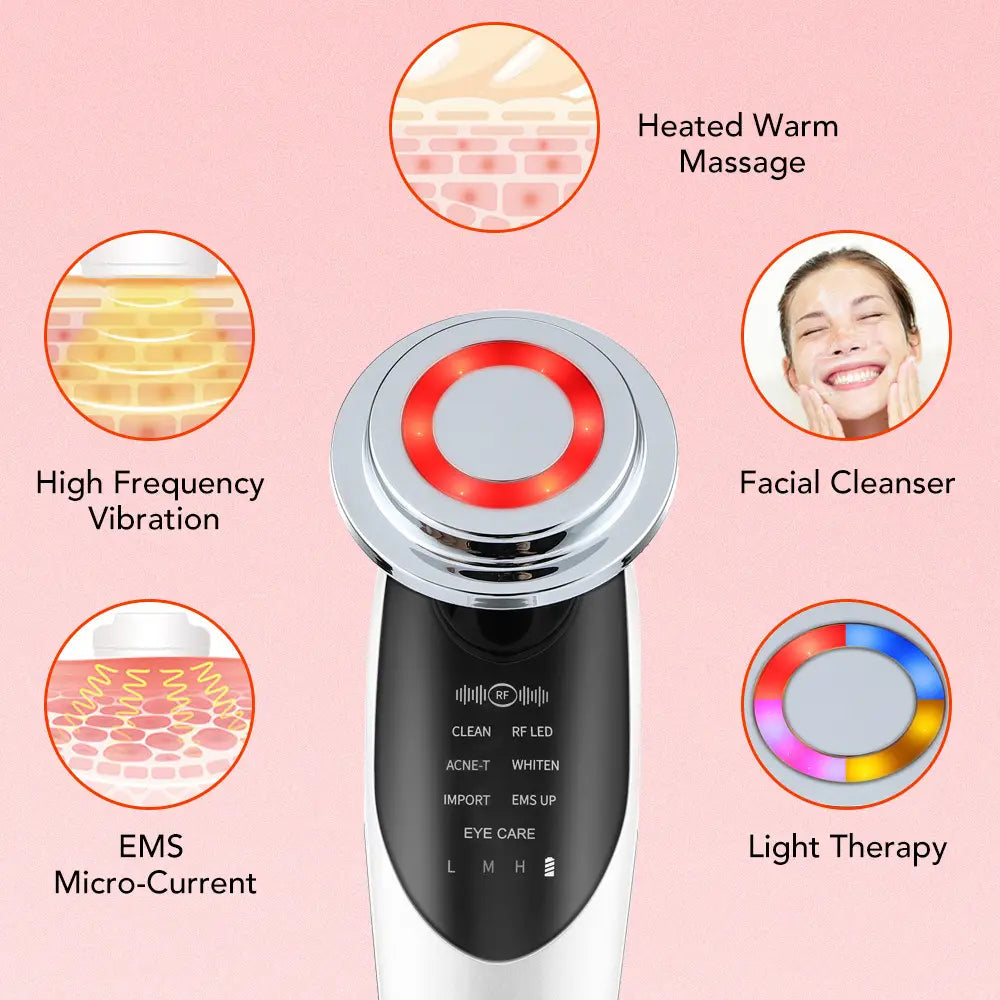 Silver and black handheld 7-in-1 facial massager EMS device featuring a circular red color light vibration LED ring at the top.