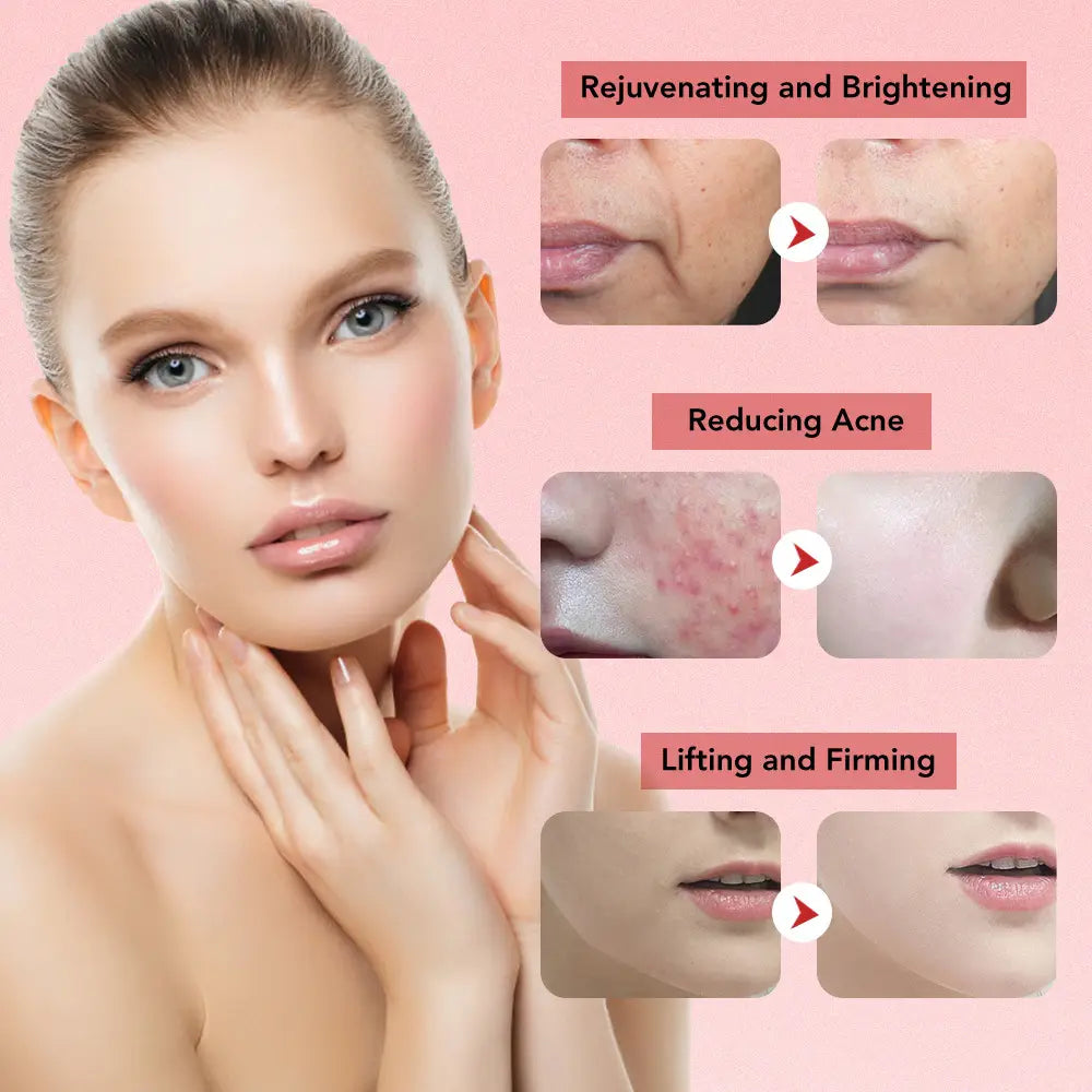 A woman with fair skin and blue eyes using a 7-in-1 facial massager ems with color light vibration and light vibration led technology.