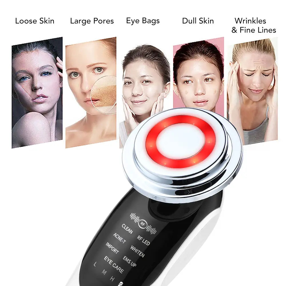 a sleek black and silver 7-in-1 facial massager ems with a glowing red circular treatment head featuring multiple preset color light vibration led modes for skincare.