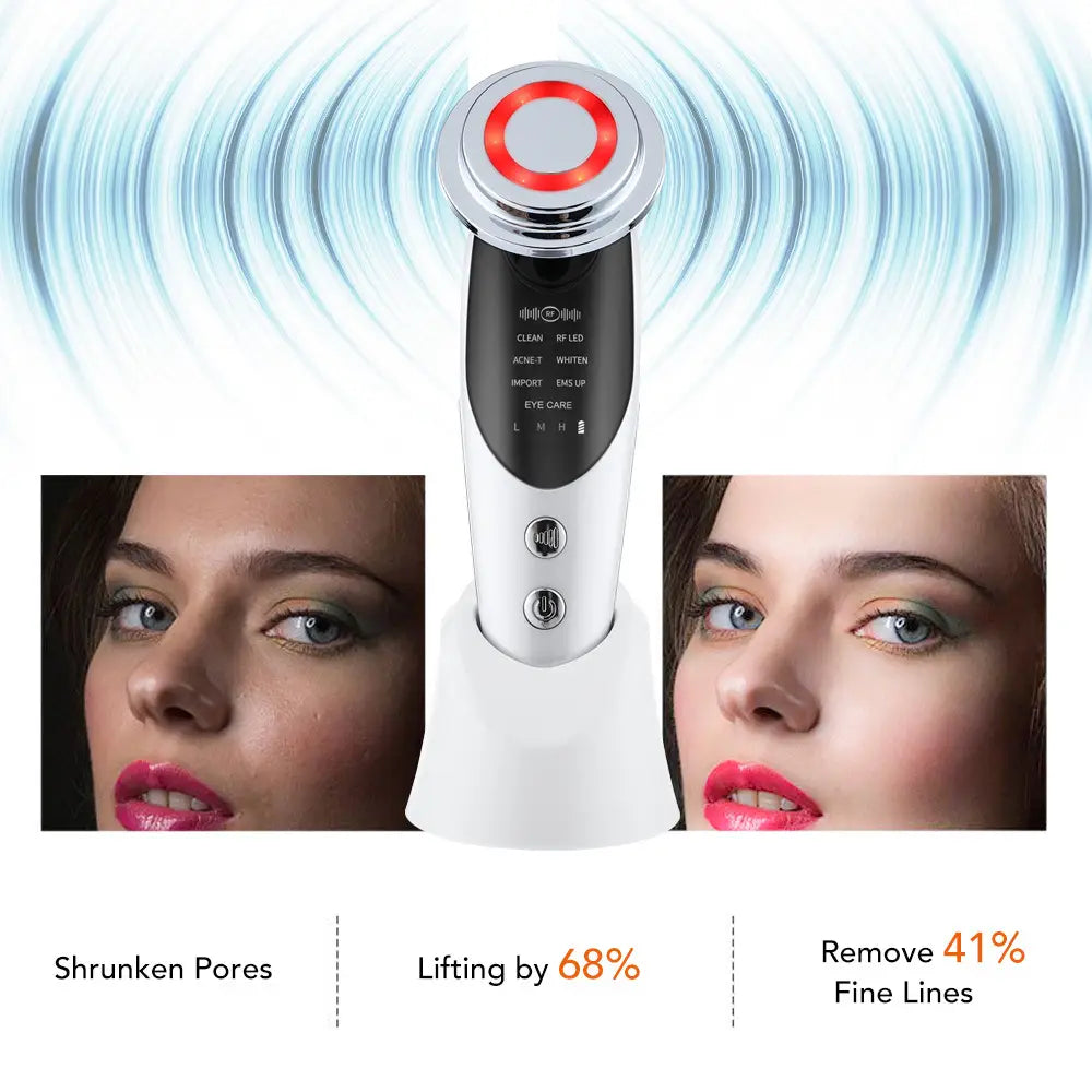 Silver and black 7-in-1 facial massager ems with red illuminated circular head featuring color light vibration led and multiple treatment modes including clean brighten acne treatment import ems up and eye care.