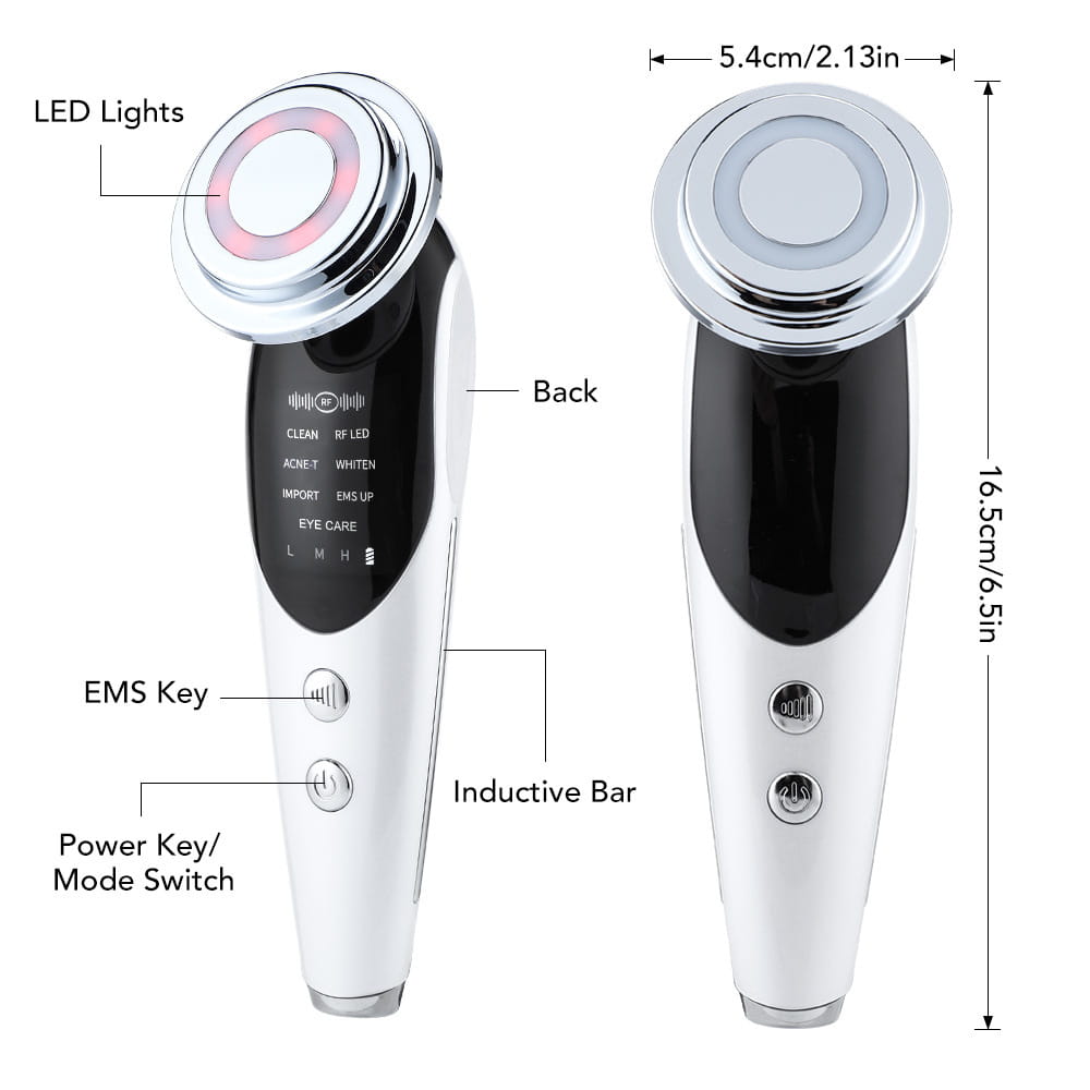 white and black handheld 7-in-1 facial massager ems with chrome-finished circular treatment head featuring color light vibration and multiple mode buttons for skincare functions including light vibration led therapy