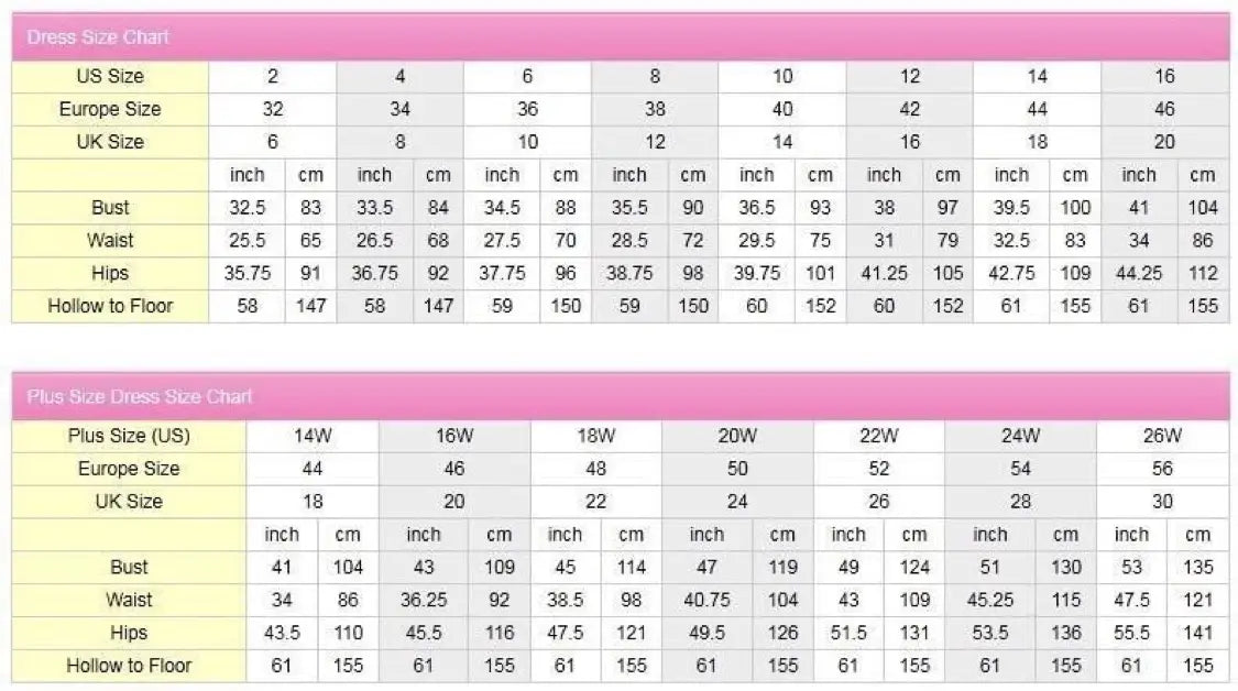 Pink and white lace african wedding dress with long sleeves size chart showing measurements in inches and centimeters for US, Europe, and UK sizes.
