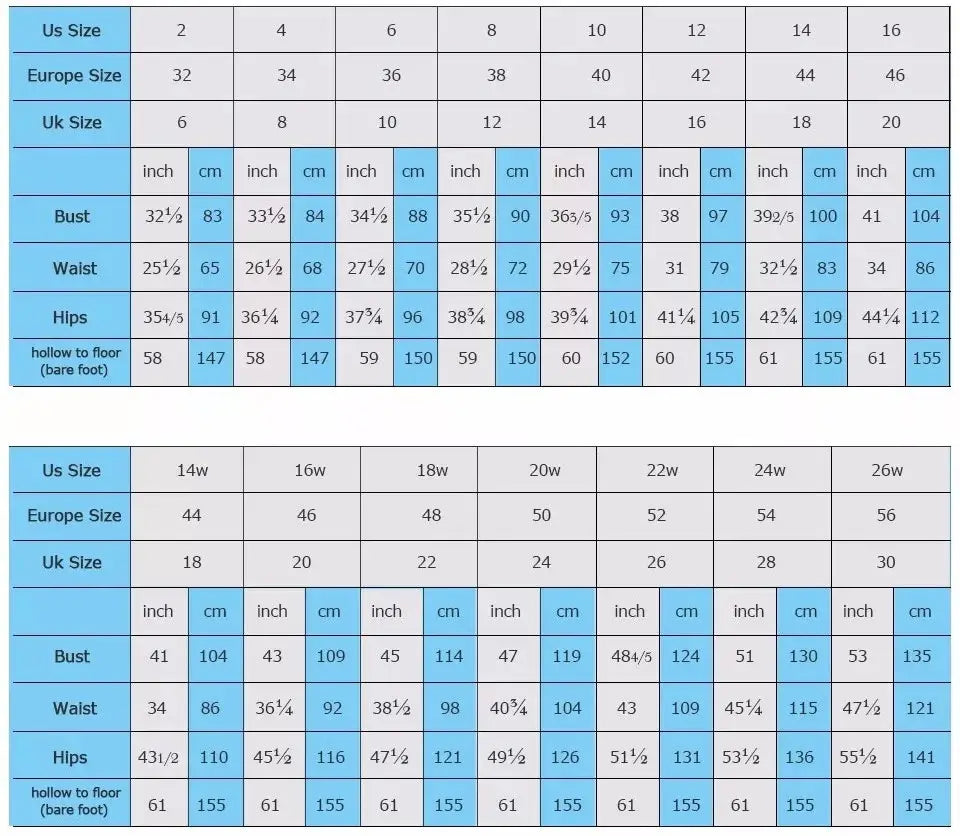 Size conversion chart for women’s custom wedding gown with lace long sleeves displaying us europe uk sizes and corresponding bust waist hip dimensions and hollow-to-floor length for wedding gown bridal dress fittings.