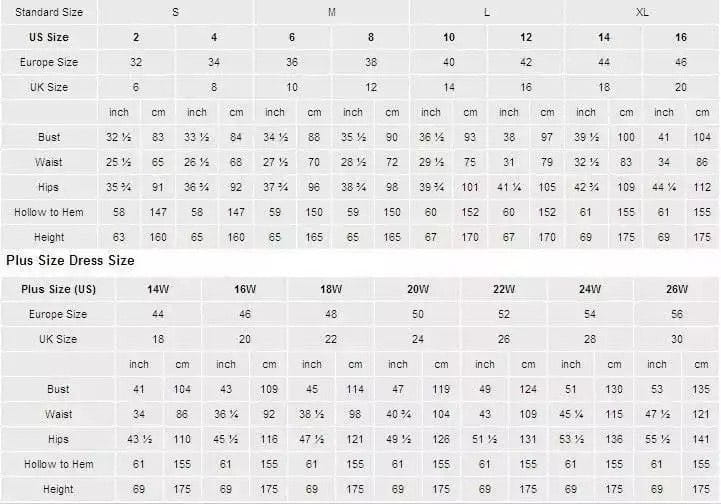 This detailed size conversion chart for the lace full sleeve wedding gown plus size illusion displays dress measurements in us, europe, uk, inch, and centimeter units.