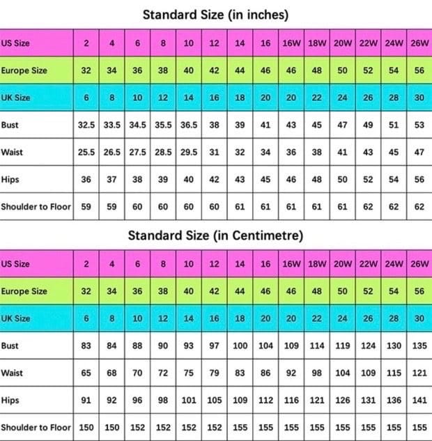 this detailed size conversion chart for the off the shoulder long sleeves mermaid white wedding dress displays measurements in inches and centimeters across us, europe, and uk sizing standards.