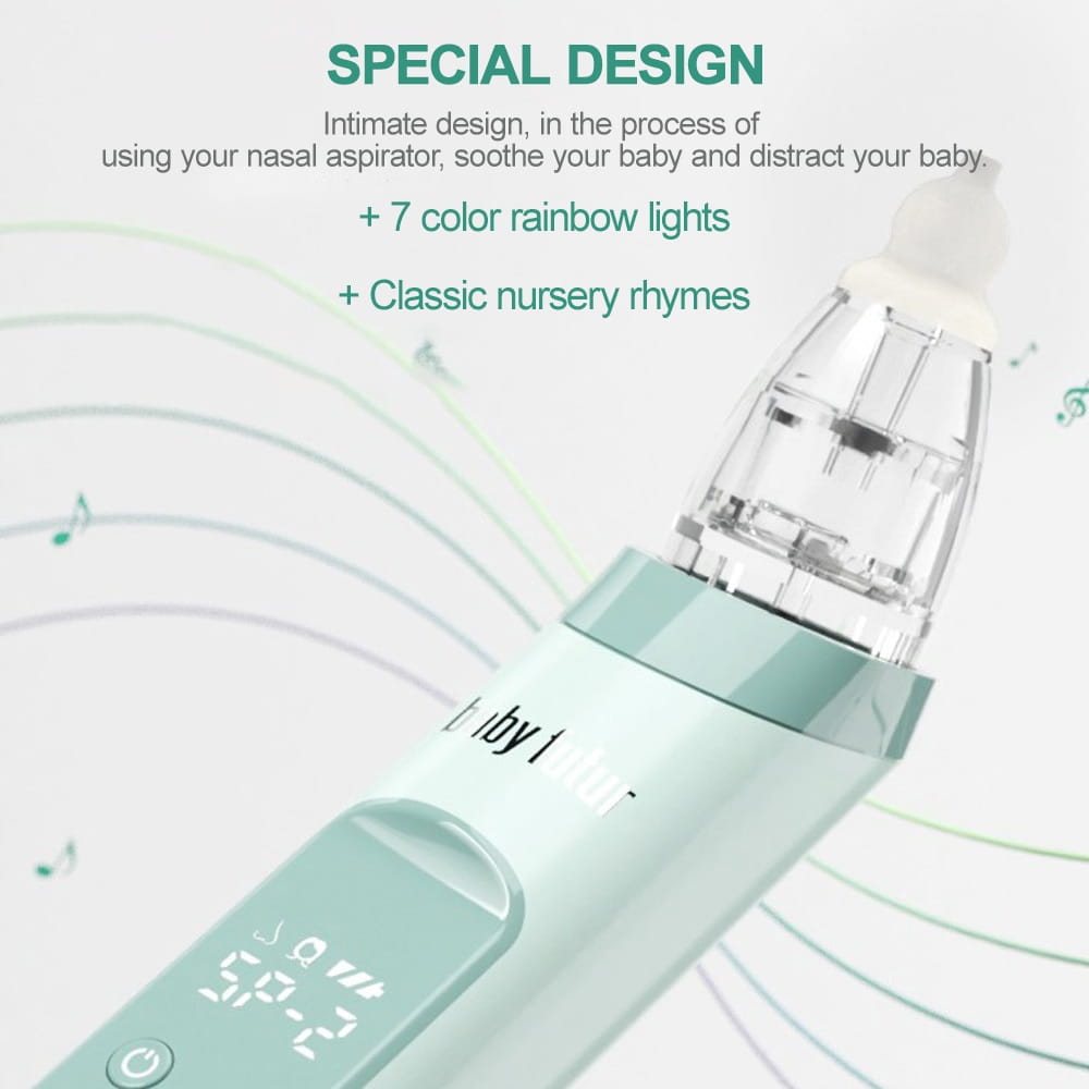 A mint green 2 in 1 nasal aspirator baby and blackhead remover with a clear transparent tip and seven color rainbow lights.