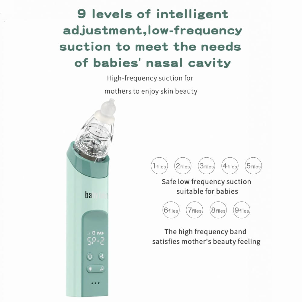 A mint green handheld 2 in 1 nasal aspirator baby and blackhead remover with a clear plastic tip and digital display.