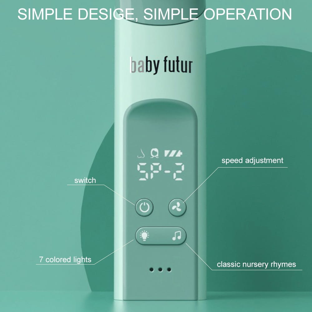 baby futur sp-2 nasal aspirator baby and blackhead remover with sleek mint green plastic body and control buttons for speed adjustment and classic nursery rhymes.