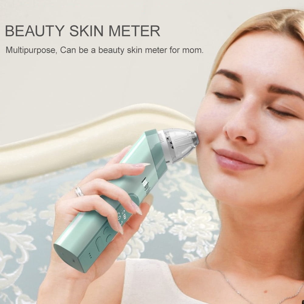 A sleek light teal 2 in 1 nasal aspirator baby and blackhead remover with a transparent tip and textured grip for effective nasal and skin care.