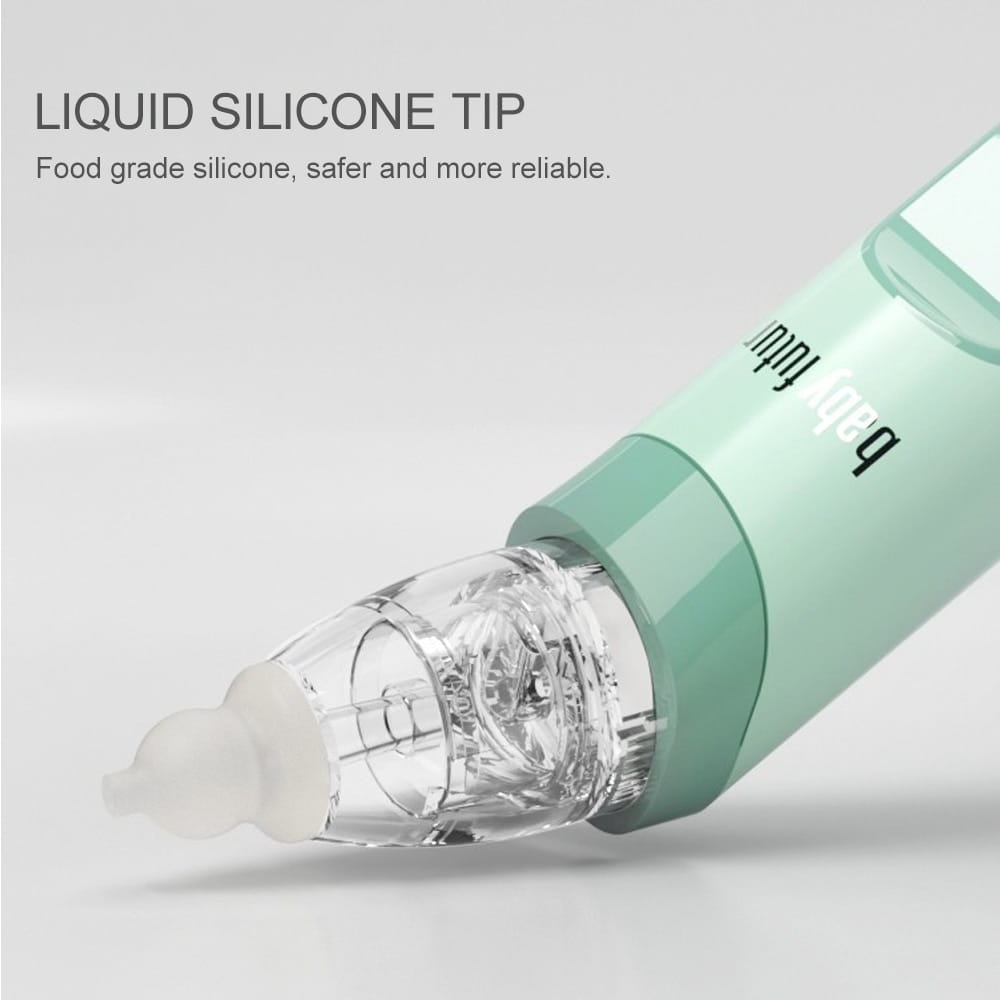 A mint green 2 in 1 nasal aspirator baby and blackhead remover with a clear liquid silicone tip and transparent body.
