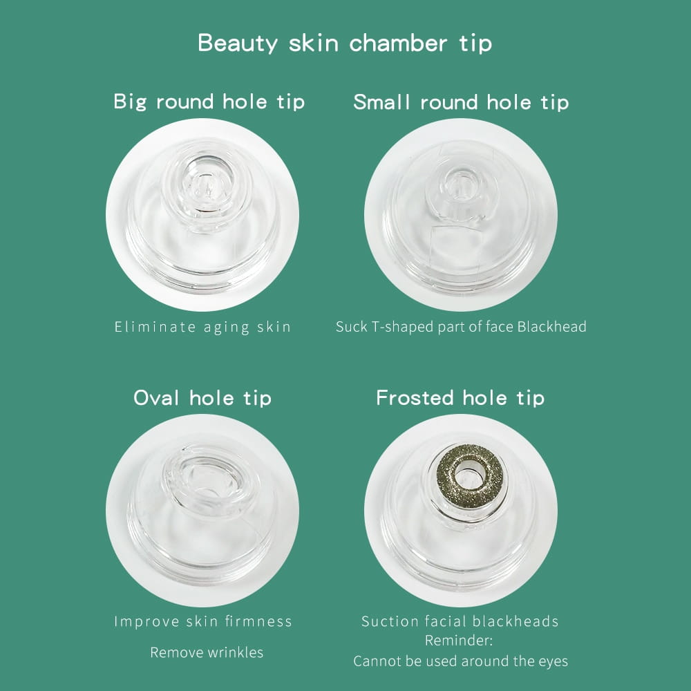 clear plastic beauty skin chamber tips with various hole shapes and sizes for blackhead remover and nasal aspirator baby in a 2 in 1 nasal aspirator and blackhead remover device.