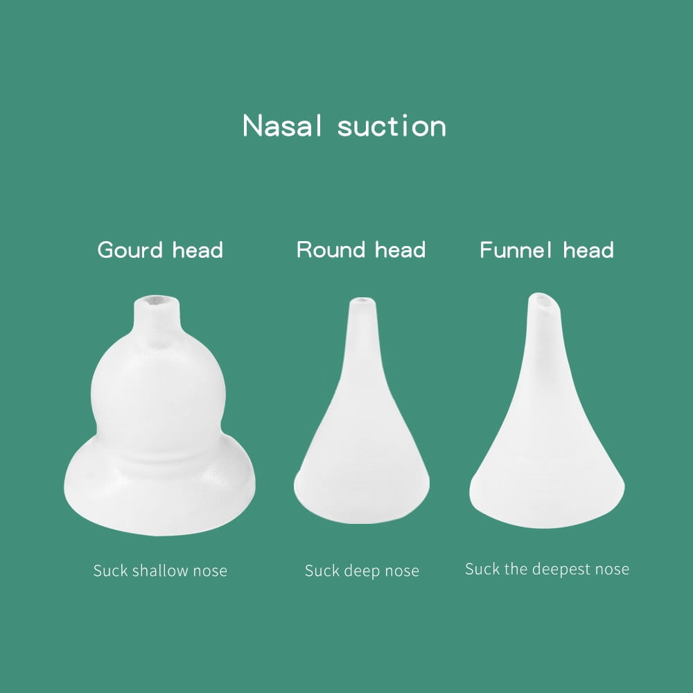white plastic nasal aspirator baby suction tips in gourd, round, and funnel shapes for varying nose depths included in 2 in 1 nasal aspirator baby and blackhead remover kit