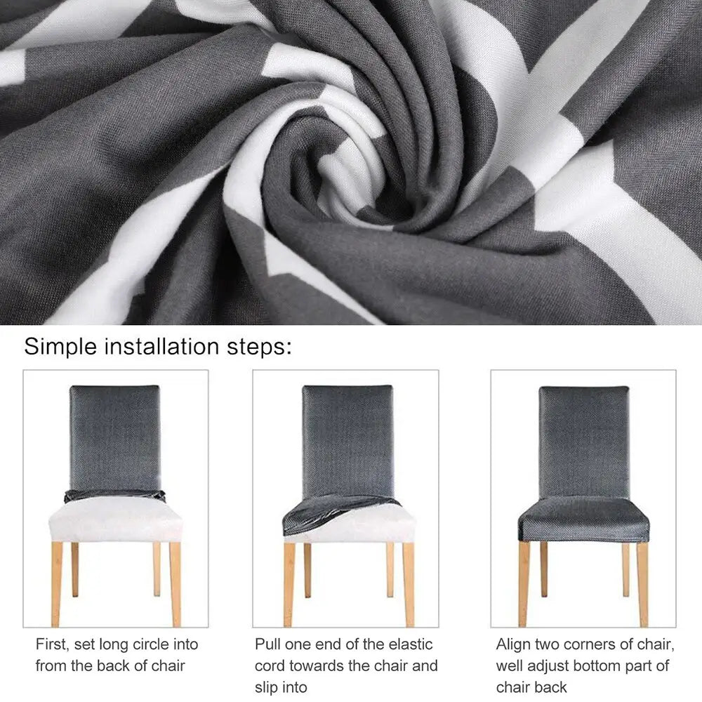 gray and white geometric patterned spandex chair covers printed with stretch fabric for elastic chair protection