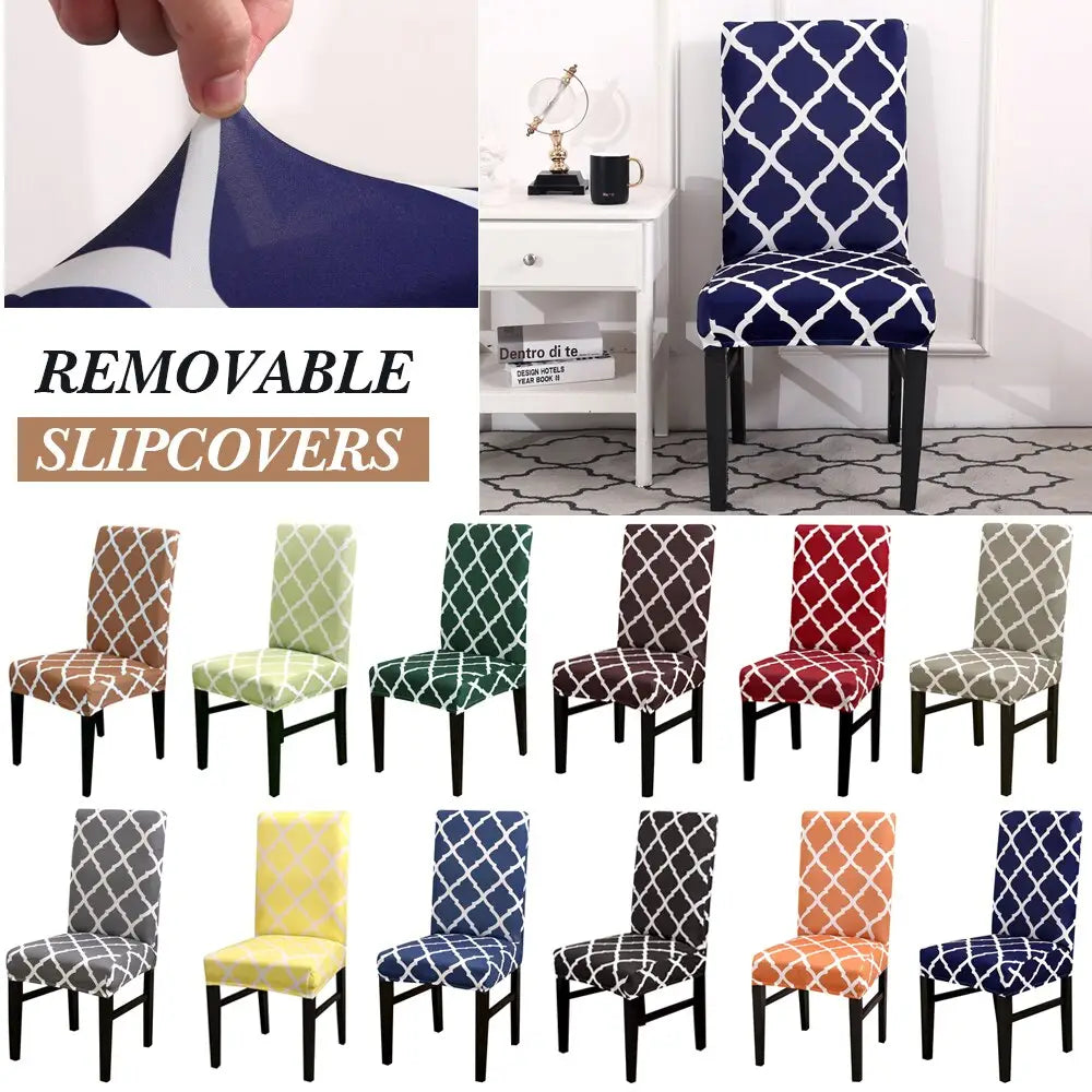 Navy blue and white geometric spandex chair covers printed with stretch fabric suitable as removable chair slipcovers.