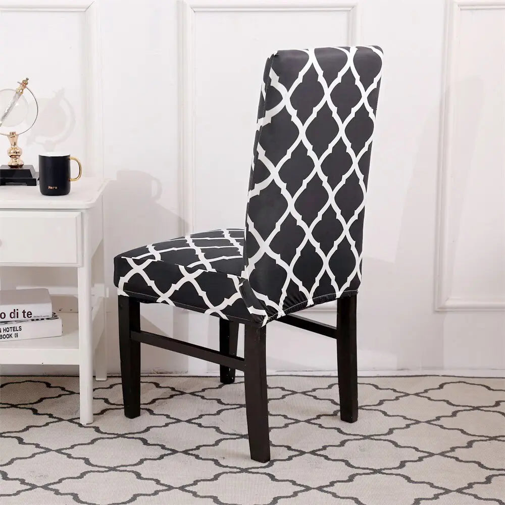 Gray white geometric spandex chair covers printed with a black and white pattern stretch to fit and enhance chair appearance.