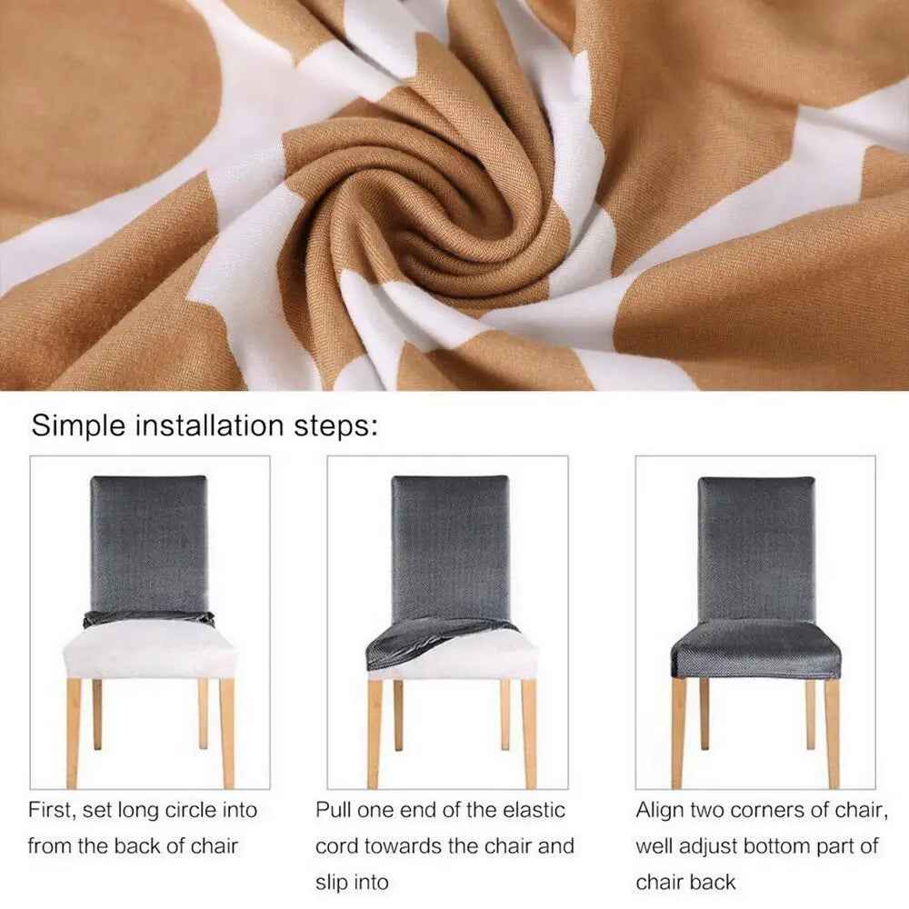 Tan and white geometric-patterned spandex chair covers printed with stretchy fabric for a snug fit