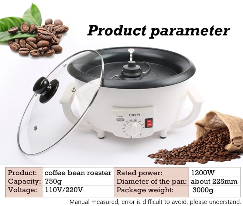 white electric coffee roasting machine with a white body, black interior pan, clear glass lid, and dual handles designed as a coffee roasting machine for home use.