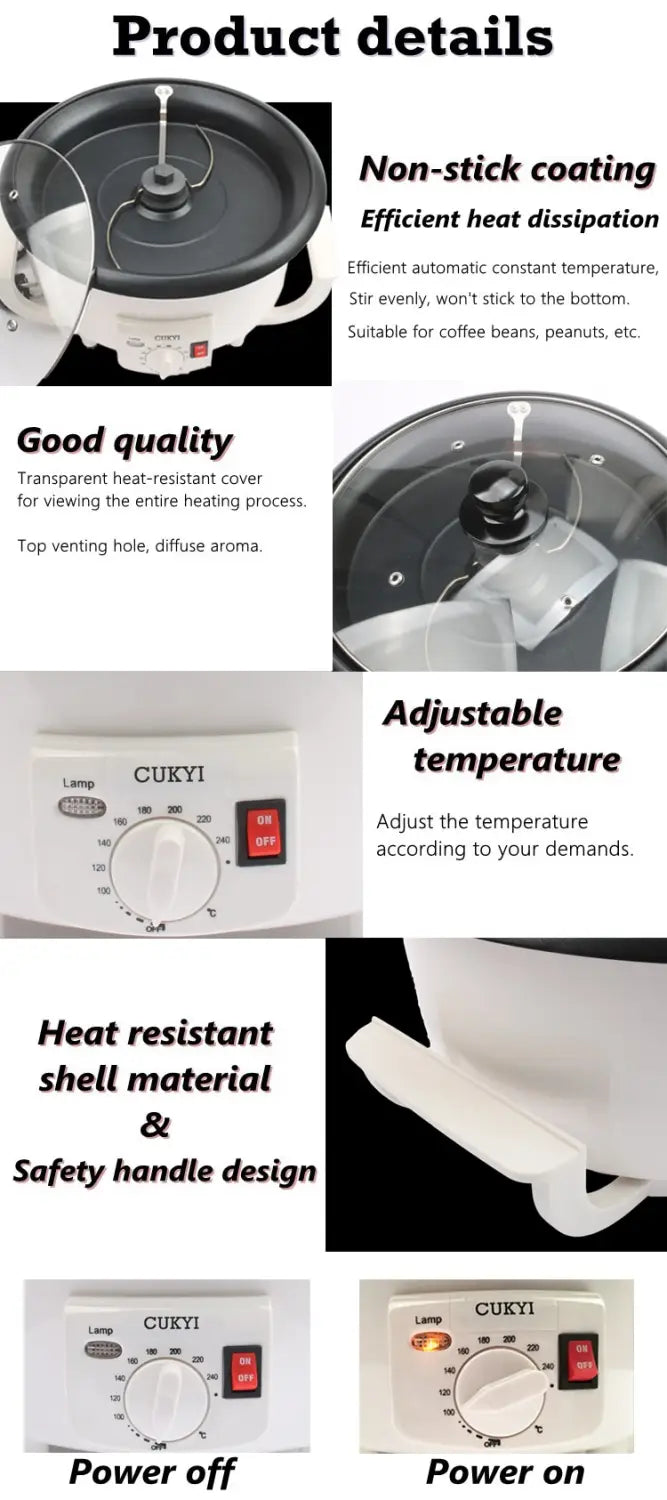 White Cukyi brand white electric coffee roasting machine with transparent heat-resistant cover and adjustable temperature control for precise coffee roasting.