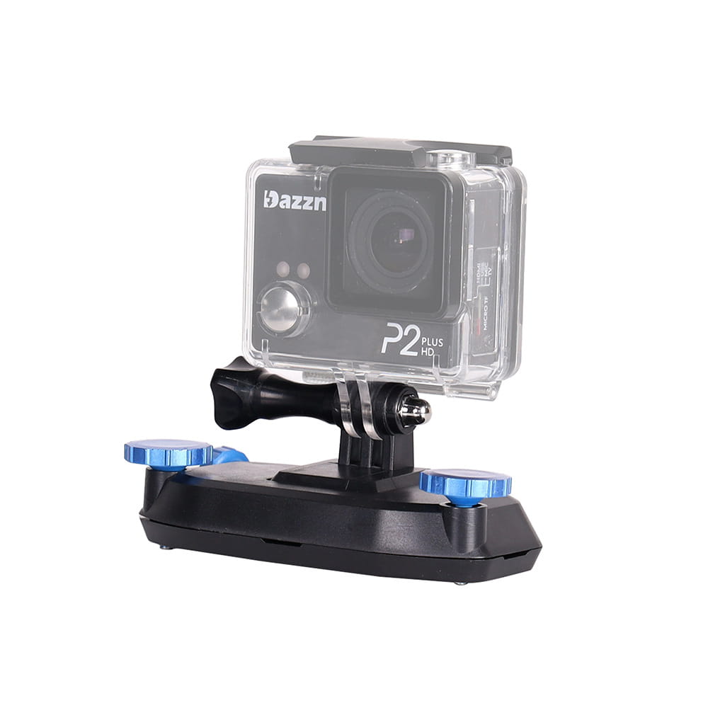 Clear waterproof housing with black sports camera inside mounted on a black base with blue adjustment knobs for quick-hanging clip yi sports camera accessories.