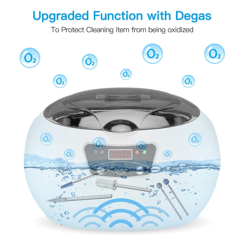 Ceramic ultrasonic cleaning machine in silver and white with digital display showing 380 designed to protect items from oxidation using degas function for ultrasonic cleaning.