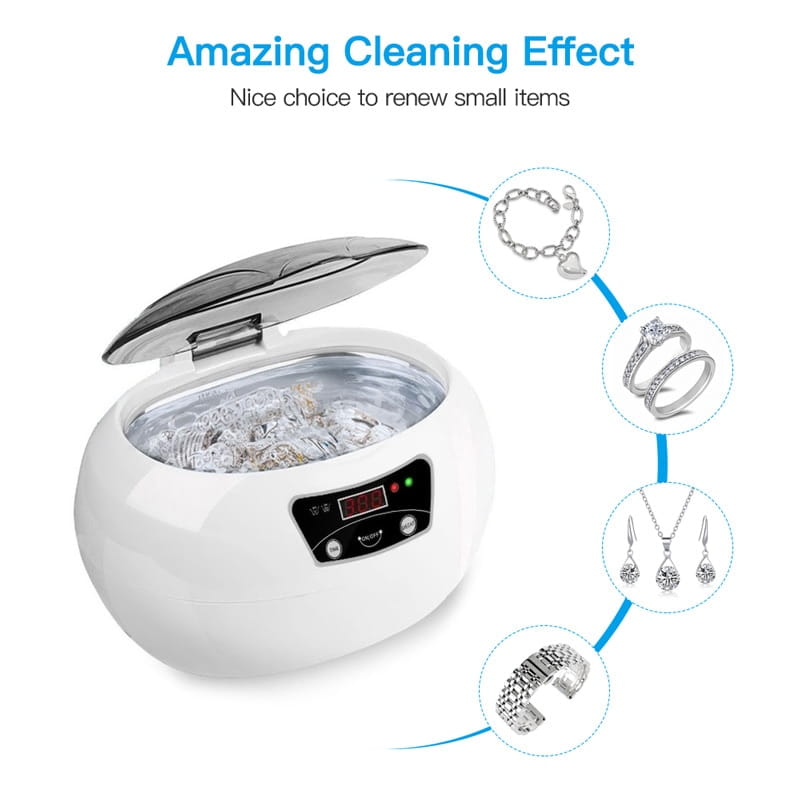 White oval-shaped ceramic ultrasonic cleaning machine with a silver lid and digital display for efficient ultrasonic cleaning tasks.