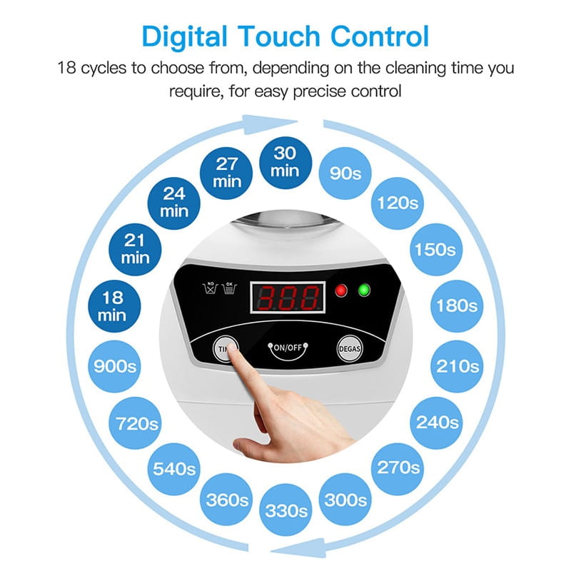 white ceramic ultrasonic cleaning machine featuring a digital touch control panel with black display and red led numbers showing 3 08, surrounded by a circular array of blue time cycle options for precise ultrasonic cleaning.