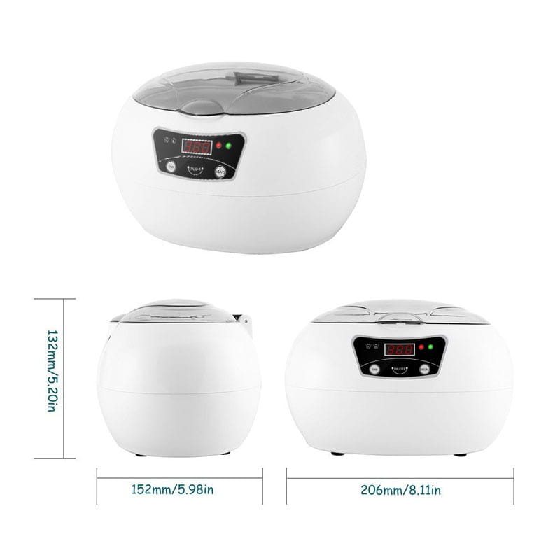 White oval-shaped ceramic ultrasonic cleaning machine with gray lid and digital display panel for efficient ultrasonic cleaning.