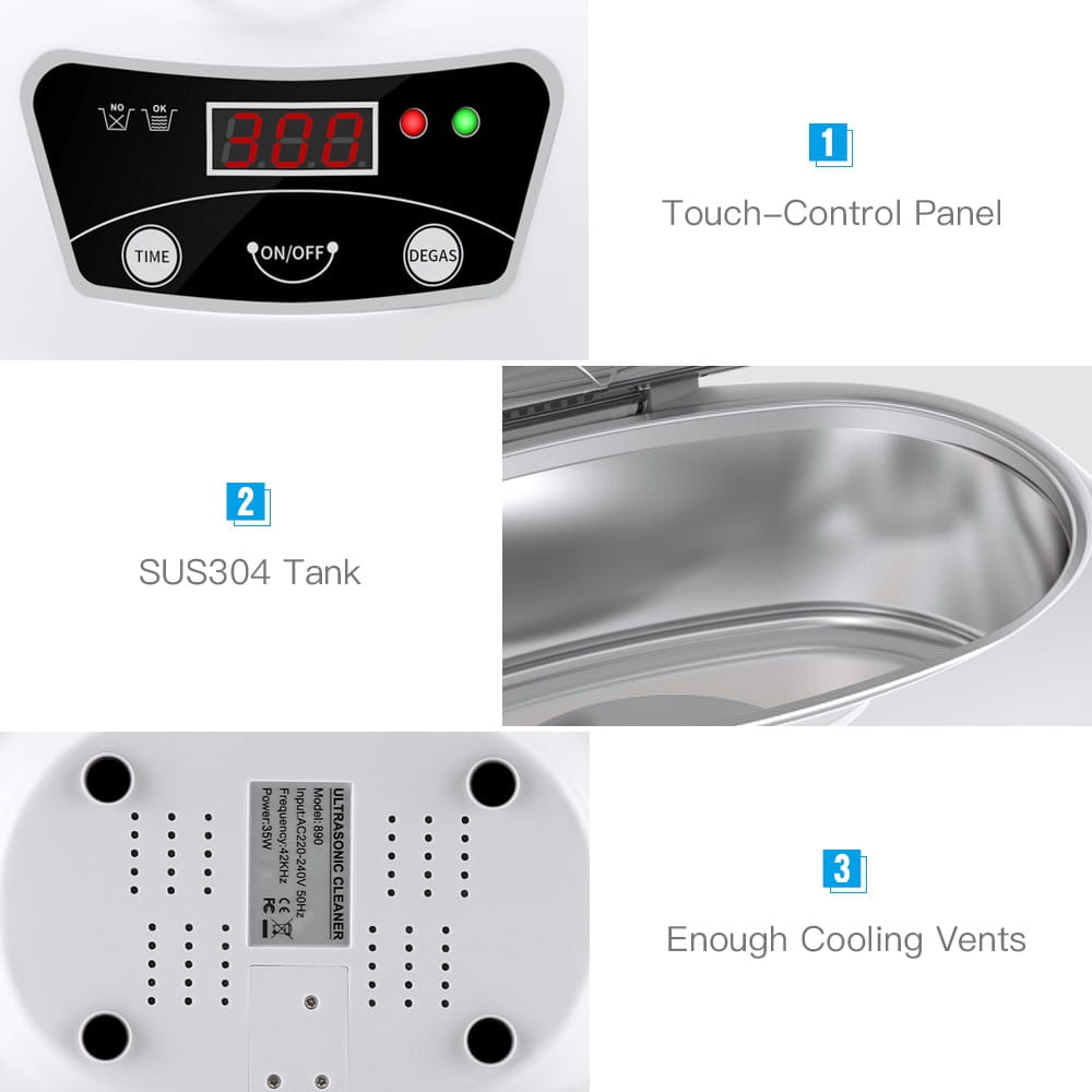 White ceramic ultrasonic cleaning machine with black touch-control panel and stainless steel tank for efficient ultrasonic cleaning.