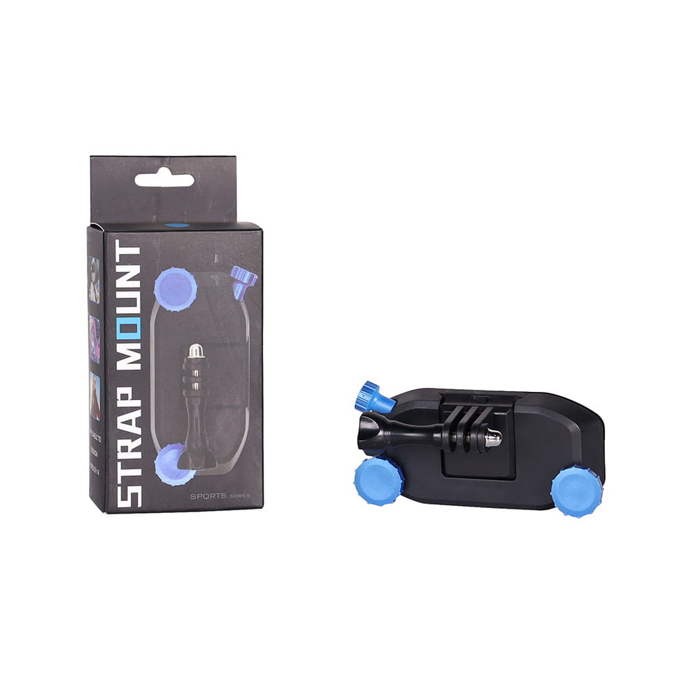 Black car mount with blue plastic caps and black mounting bracket for quick-hanging clip Yi sports camera accessories.