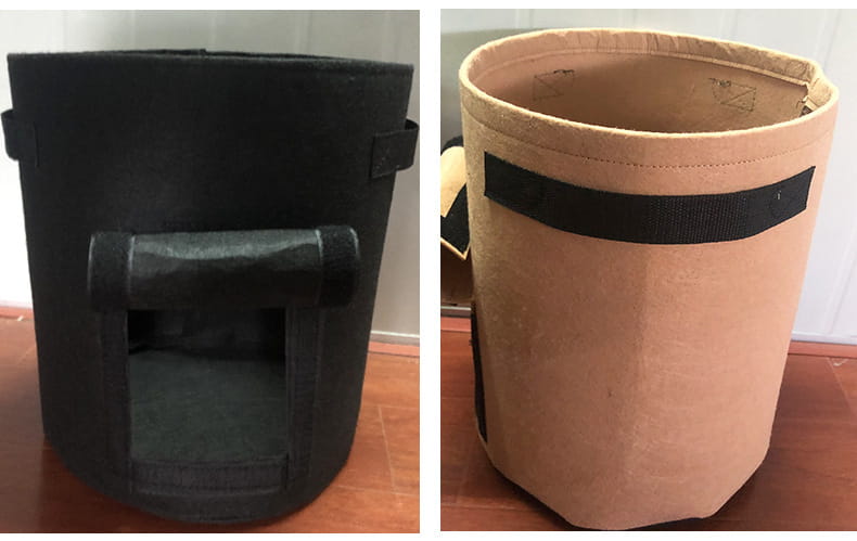 set of 3 black and tan fabric planting bags potato with windows and reinforced black straps for easy handling.