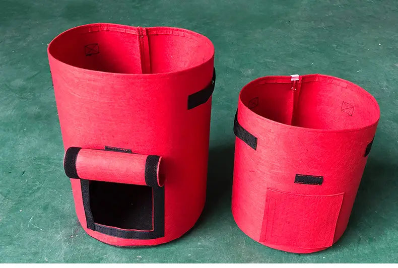 Set of 3 red fabric planting bag potato pots with black trim and zipper closures designed for growing potatoes.