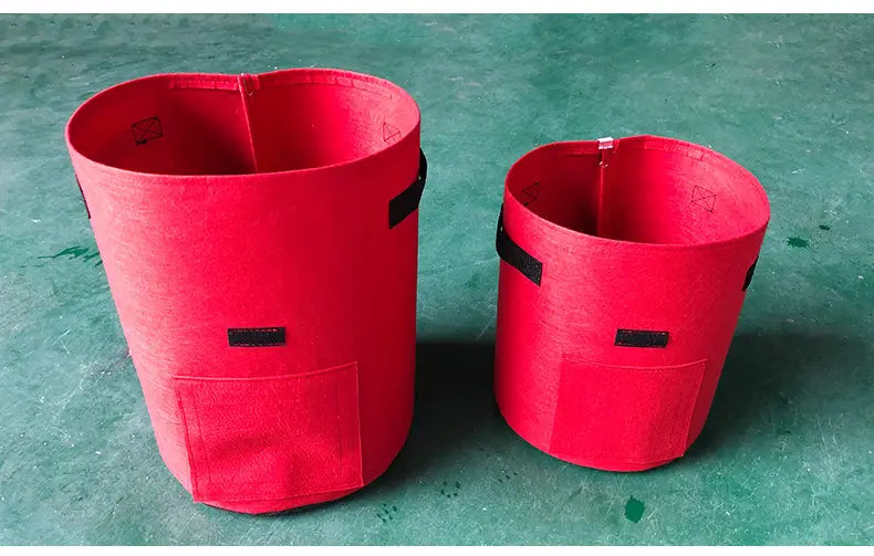 Set of 3 red fabric planting bag potato bags with black reinforced straps and front pocket for potato planting with windows.