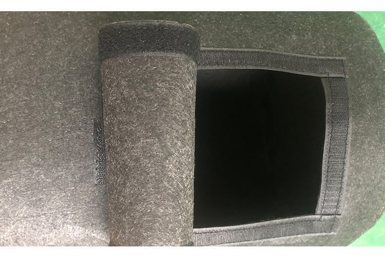 dark gray felt cat house with a rectangular entrance framed by black webbing shown alongside a set of 3 potato planting bags with windows designed for practical gardening use.