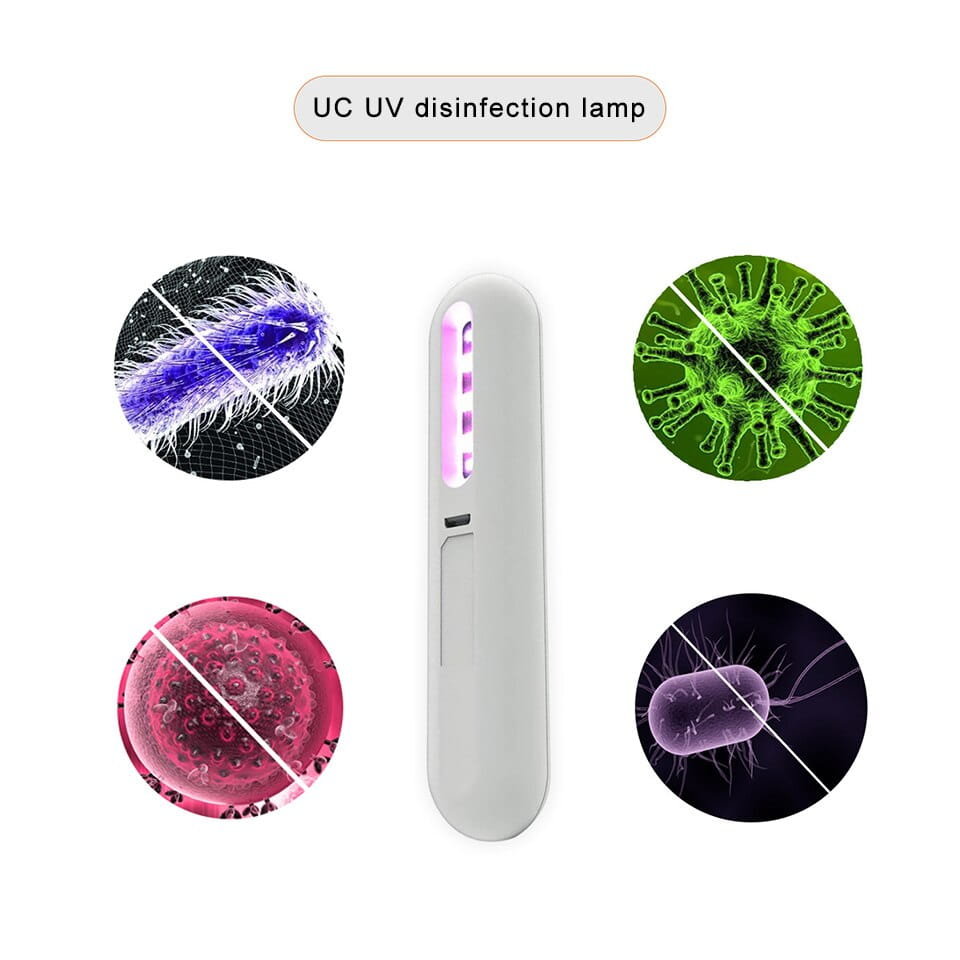 White handheld uc uv disinfection lamp with a sleek slim design and purple led light strips from royale essence lux uv sanitizer stick.